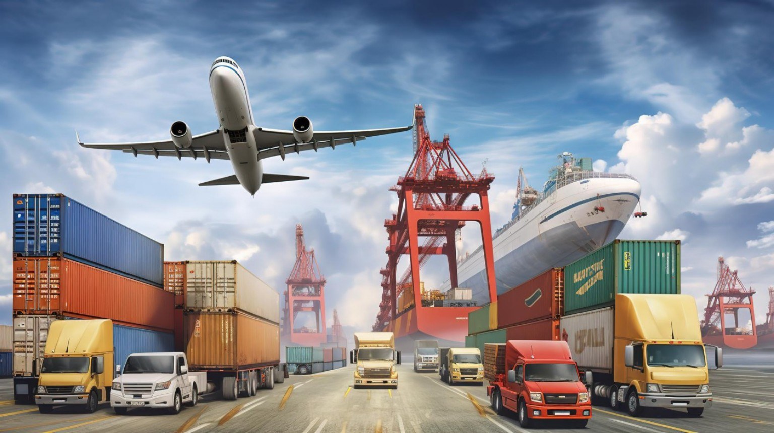 Airplane, cargo ship and freight trucks at a logistics port